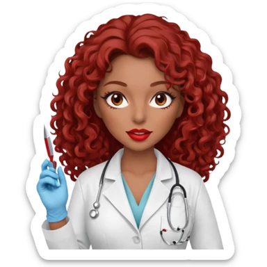 Seductress woman scalpel in hand, evil surgeon sexy surgeon clothes.  She has red eyes. Her  brown long curly hair. Wears sexy doctor outfit with red gloves. make her hair free and brown but she  wear mouth cover   to hide. Wears white surgeon jacket and  only   death long , long beown hair  sticker