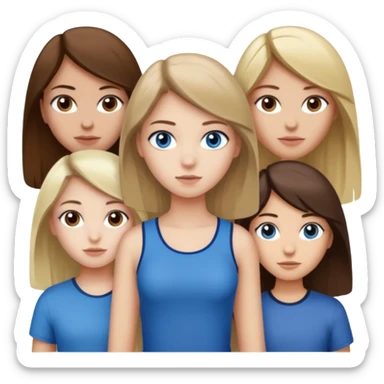 a trio of people where one girl in the back has white skin, brown hair, and brown eyes; another girl in the back has white skin, dirty blonde hair, and blue eyes; and the girl in the front has tan skin, dark brown hair and dark brown eyes. sticker