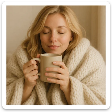 blonde woman snuggled in a blanket, sipping coffee, eyes closed, relaxed and content, soft and cozy style sticker