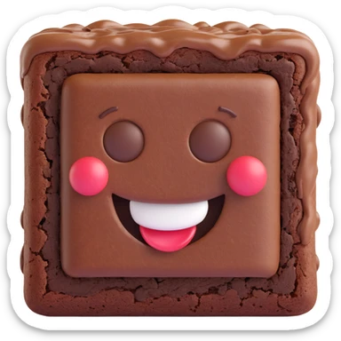 3D chocolate brownie with a big smiley face, realistic texture, soft lighting sticker