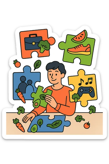 a person is surrounded by puzzle pieces, each representing a different aspect of their life (work, exercise, family, leisure), and healthy foods are integrated into each piece. The person assembles the puzzle, creating a complete, personalized nutrition plan. The mood is uplifting and creative. in italiano sticker