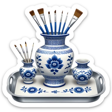 Metal painting icon, a metal vase with intricate designs in Gzhel and Chinese embroidery styles, placed on a metal tray, 3 paintbrushes beside it, minimalistic style, clean lines, transparent background. sticker
