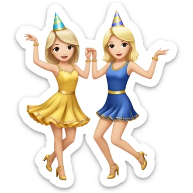 A brunette and a blonde dancing at their 30th bday sticker