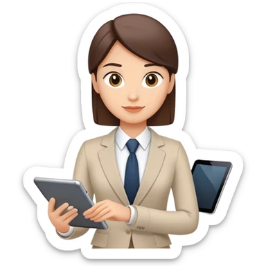 A flat-style illustration of a business executive confidently, holding a digital tablet or folder. The character wears smart business attire, clean cartoon style, white background, iOS emoji aesthetic. sticker