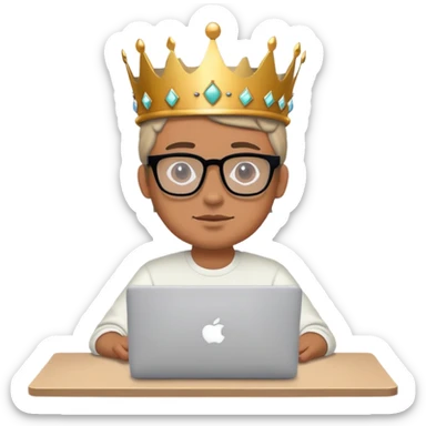 Man in glasses with crown on his head sat at the desk with MacBook  sticker