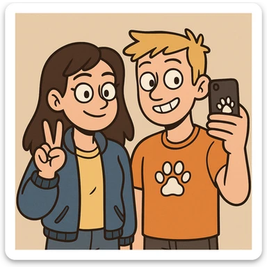 A girl yellow t-shirt blue girls bomber jackets ✌️A boy dark yellow hair Orange T-Shirt white dogs paw 🤳 sticker