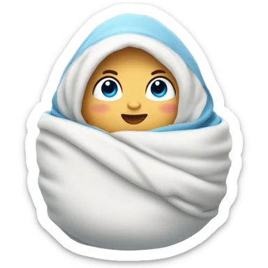 Swaddle Infant blue eyes fair skin in blanket with penguins sticker