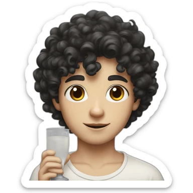 A portrait from the shoulders up of a pasty white teenage boy with dark black curly hair holding a chalice of milk sticker