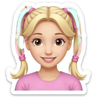 a cute woman is smiling, her hair is long, blonde and two ponytails, her eyes color are brown and the color of her lip is soft pink sticker