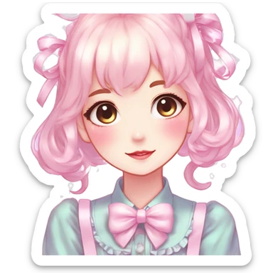 Gorgeous pastel anime style lady with blushing face with sparkly bow tie idol model cottagecore fairycore pastelcore shiny colorful pearly petite simplistic aesthetic trending style sticker