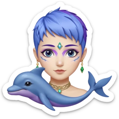 Frost wizard woman short pixie blue violet hair and cheek painted with a dolphin below eye with Asian eyes and Celtic jewelry sticker