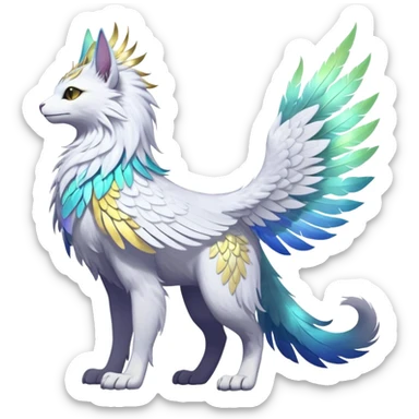 Ethereal Divine White Iridescent Colorful Exotic White, Gold, Yellow, Silver, Beaked Feathery Nocturnal Neon-glowing Abyssal Lightly Heaven-Cat-Gryphon-Suicune-Nargacuga-Silvally-Vernid-Sergal-Fakémon-Hybrid-Creature with tufted tail (full body) sticker
