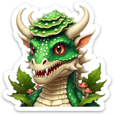 poisonous mushroom dragon beast portrait, head and shoulders only, face covered in mushroom plates, glowing green spores, fungal horns, mushroom cap scales, fantasy creature, 3D cartoon, mobile game icon style, clean background, no text, no watermark

 sticker