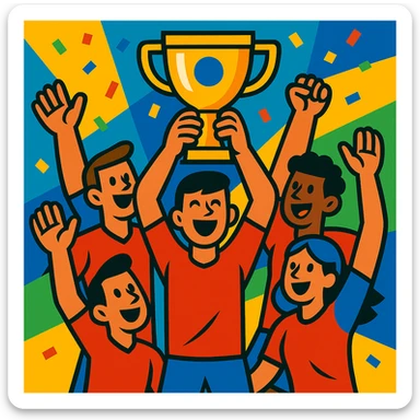 team celebrating with trophy sticker