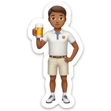 Handsome. Male. Happy. Brown short hair. Wearing white golf shirt and shorts. Drinking beer. Cheersing. Full body sticker