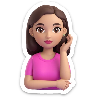 female memoji with oval face, warm light skin tone, rosy cheeks, elegant makeup with long eyelashes, eyeliner, soft pink lips, long straight dark brown voluminous hair, arched eyebrows, dark brown eyes, colorful top, small tattoo on arm sticker