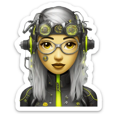 Neon yellow bobbed hair Asian female cyborg head with silver steampunk goggles and circuits sticker