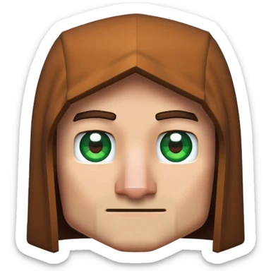 Pixel art 2D emoji of a Minecraft villager face, with brown hood, big nose, green eyes, and blocky edges in Minecraft style sticker