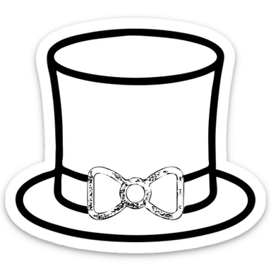 A minimalist black top hat slightly tilted, with a thin ribbon bow in #C5343C color on the brim. Slightly elegant and theatrical, flat vector style. sticker