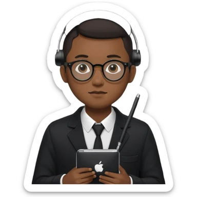 a asia man guy his 20s wearing an apple notebook, wearing bodyguard radio operator, round glasses, blackclothes sticker