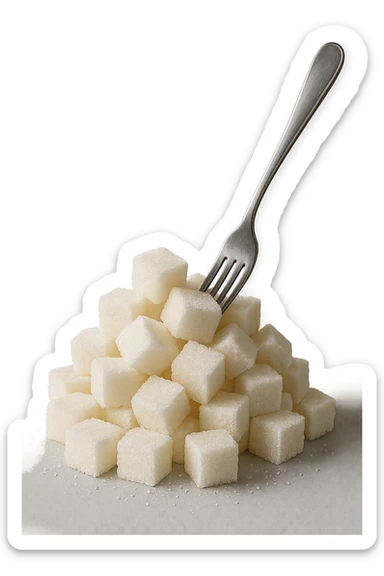 monagna di zollette di zucchero con una forchetta appizzata sopra, iperrealistico 4k sticker