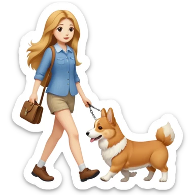 A long-haired girl walking a corgi sticker