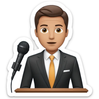 A man speaks into a microphone, and there is a prompter screen in front of him. sticker