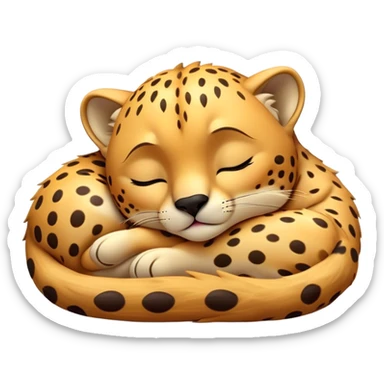 Meme-Worthy Cute Sleeping Cheetah Portrait Emoji, Head resting peacefully with a contented smile, showcasing a lean, muscular build and a luxuriously soft golden spotted Fur, eyes shut in a serene, restful nap, Simplified yet hilariously adorable features, highly detailed, glowing with a soft, drowsy light, high shine, relaxed and utterly lovable, stylized with an air of playful laziness, bright and heartwarming, soft glowing outline, capturing the essence of a comically sleepy cheetah, so meme-worthy it feels like it could instantly become the next viral sensation of adorable slumber! sticker