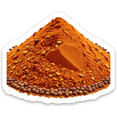 mound of Ras el Hanout spice mix, deep golden amber reddish-brown orange tones, fine grainy, visible colored specks, dry aromatic, clean 3D style sticker