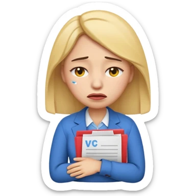  emoji character wearing a interview clothoes. face has a very sad crying, disappointed expression with drooping eyebrows and half-closed eyes. posture is dejected, with slumped shoulders. just rejected from  interview to get a job, holding CV. dont make it old person and make it woman. sticker