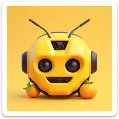 3D emoji of a car-inspired robot face, merging Bumblebee and Toyota GR86, with bumpy yuzu fruit texture, set on a yellow background with a black border and rounded corners sticker