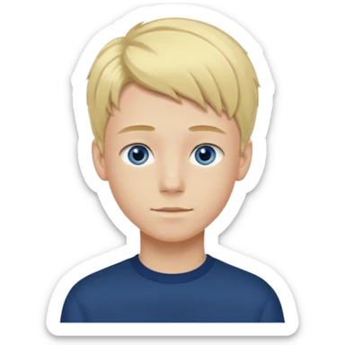 A portrait of a 14-year-old boy, he's got fair blond and yellowish ivy league hair, fair skin and blue eyes. he's wearing a dark blue longsleeve. he's calm. sticker