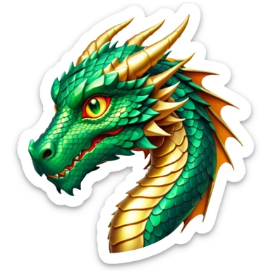 Cinematic Noble Dragon Portrait Emoji, Poised and majestic, with a sinuous, elongated build and shimmering, scale-covered skin in hues of emerald and gold, piercing, fiery eyes, Simplified yet sharp and sophisticated features, highly detailed, glowing with a mystical, radiant glow, high shine, intelligent and formidable, stylized with an air of ancient power, focused and attentive, soft glowing outline, capturing the essence of a watchful and legendary dragon that feels as though it could soar out of the screen with effortless authority! sticker
