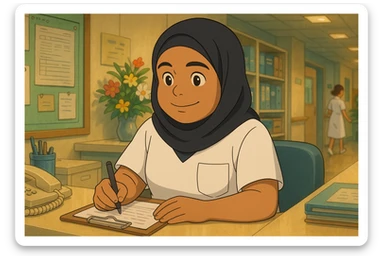 Étudiante infirmière en style Ghibli, travaillant dans un poste de soin, portant un uniforme blanc à manches courtes sans pied de col ni stéthoscope, haut de type tunique médicale avec col en V et poche poitrine à gauche, pas de tissu dépassant des manches, inspirée de la personne sur la photo, ambiance chaleureuse et collaborative. sticker