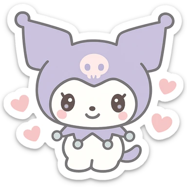 Kuromi character surrounded by small hearts, kawaii style sticker