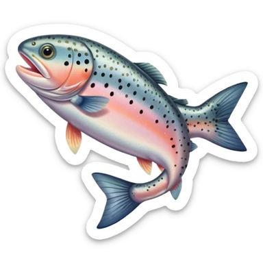 whole raw trout with slender elongated body, shimmering silver-gray skin speckled with dark spots, slightly iridescent scales, soft pinkish belly, intact fins, clear eyes, mouth slightly open, no plate or extras, soft lighting, subtle shadows, emoji scale sticker