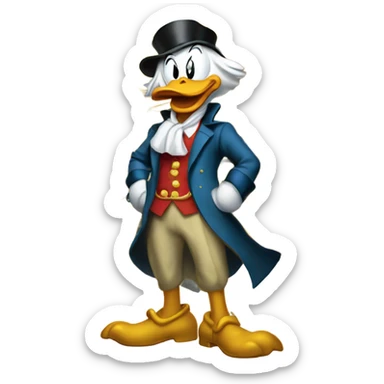 a slim successful looking scrooge mcduck standing atop a pile of money sticker