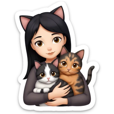 girl with black hair hugging three cats  (tortie cat, dark gray cat, brown calico cat) sticker