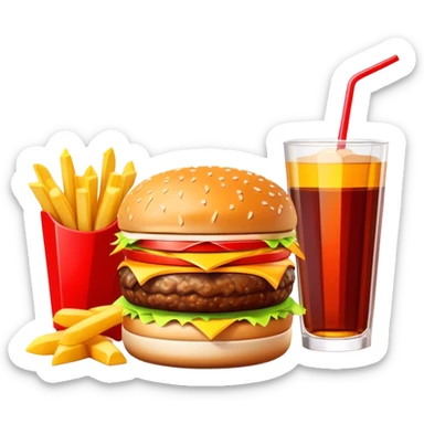 A burger and fries combo meal with drink, clean geometric 3D blocks style sticker