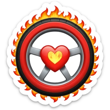 a burning car wheel, and in the center of the wheel there is a red heart sticker