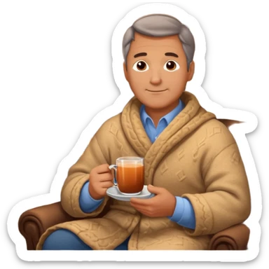 Cozy handsome middle aged man sitting next to a nice fireplace with a hot apple cider, blanket, and plate of chocolate cookies. sticker