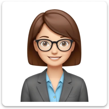 emoji-style illustrated avatar of a smiling woman with glasses and short brown hair, wearing a blazer, clean friendly minimal style, soft colors, subtle facial expression, plain or lightly colored background, modern vector illustration style for startup websites sticker