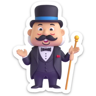 Rich Uncle Pennybags with mustache, top hat, tuxedo, and cane sticker