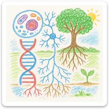 A realistic biological illustration (like in a school book) showing: DNA strands transitioning into a tree, cells with visible organelles, neurons connected to plant roots  and a balanced ecosystem background . Seamless integration, no labels or borders, white or transparent background, detailed but minimalist.  sticker