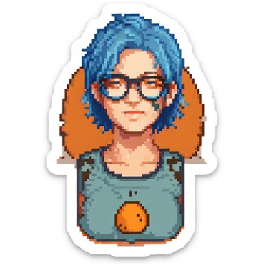 person with blue hair, glasses, and a tattoo sticker