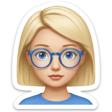 woman with very short side parted blonde haire, blue eyes and blue round glasses sticker