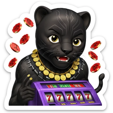 disheveled Black Panther losing money at a slot machine, panicked face, coins flying sticker