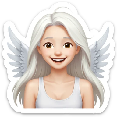 Style Stylized girl laughs with long white hair holds her hair in a white Tshirt on straps on straps hawks White hugs wings style art gam style cartoon sticker