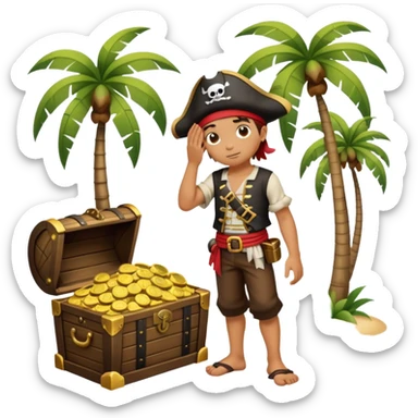 kid pirate with hand on forehead looking for something, one foot on treasure chest, palm trees in background sticker