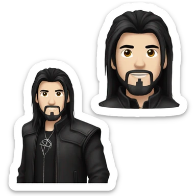 Chinese Man with pale skin, very long black hair, black goatee, square jawline, eyeliner, black leather jacket, black pants, black shirt and pentacle necklace sticker